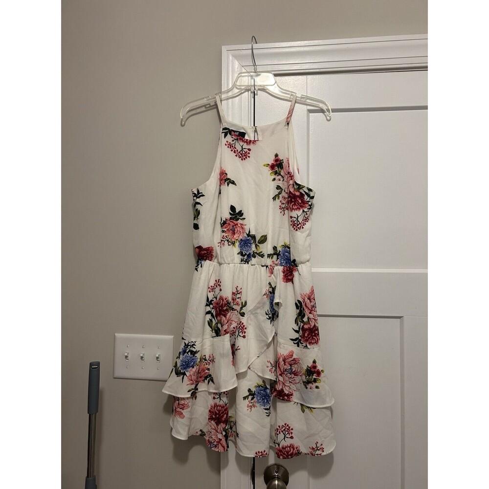 IZ Byer Cutaway Halter Double Ruffle Dress Junior Size Large White Floral Mini